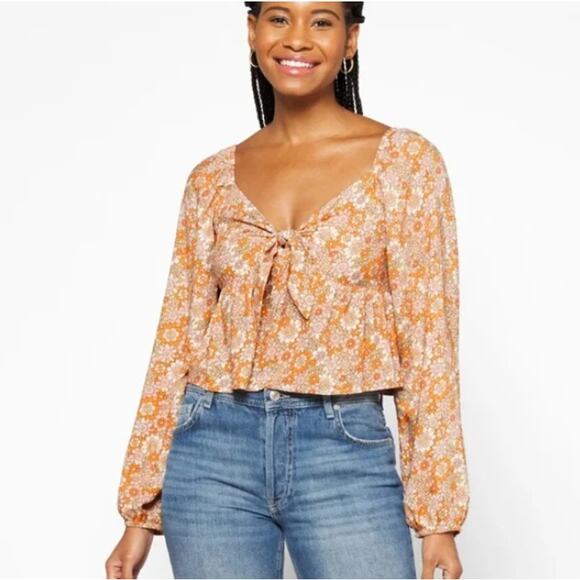 Daisy & Delilah (M) Floral Smocked Long Sleeve Peasant Top Tie Front Crop Blouse - Picture 2 of 16